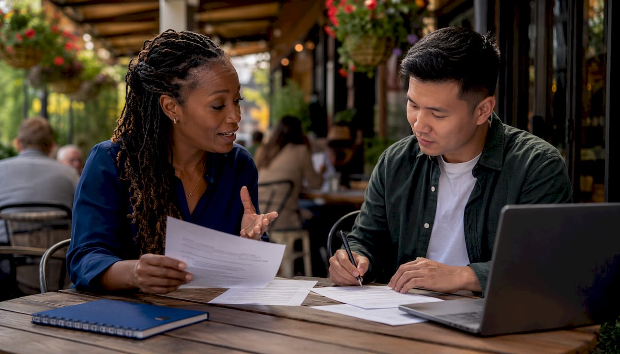 Two colleagues reviewing printed voicemail greeting scripts together at an outdoor table