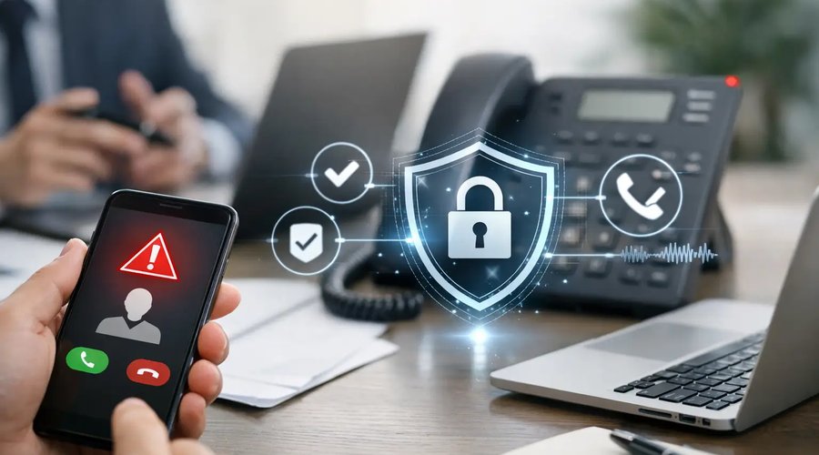 Smartphone showing an incoming call flagged with a red spam warning triangle next to a business VoIP desk phone, illustrating how STIR/SHAKEN caller ID authentication separates verified business calls from suspicious ones
