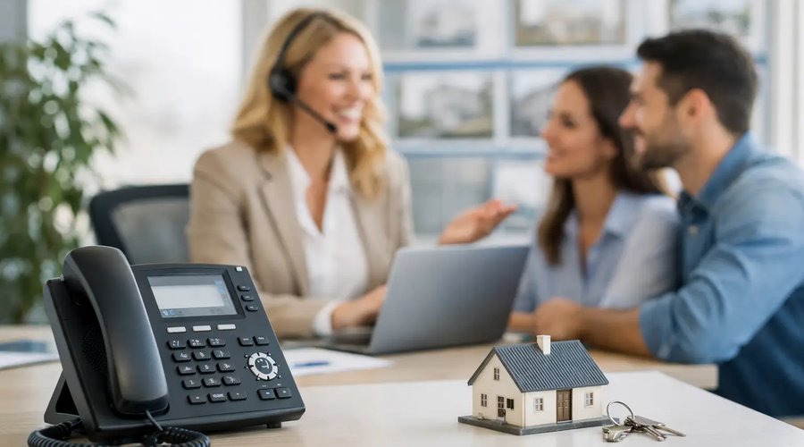 Real estate agent wearing a headset meeting with a young couple at her desk, with a VoIP desk phone, model house, and keys in the foreground
